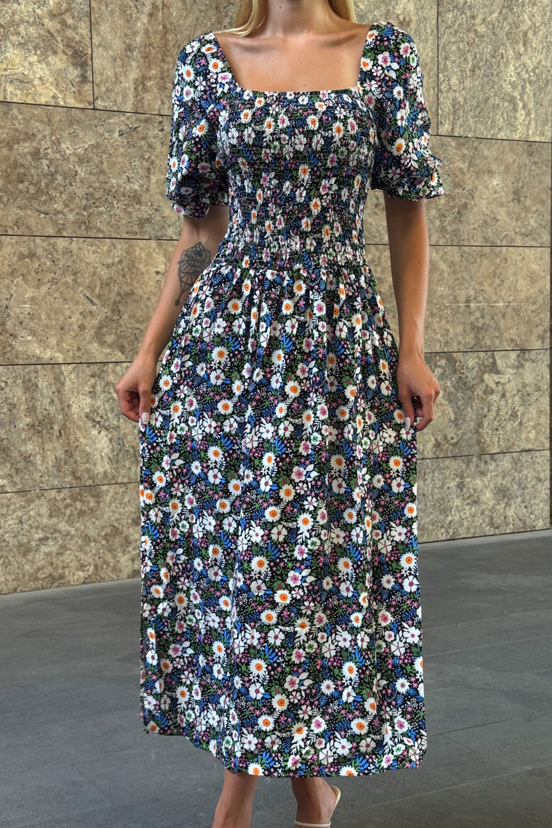 Square Neck Belted Floral Patterned Woven Summer Dress BCVL-25V095 - La Courneuve