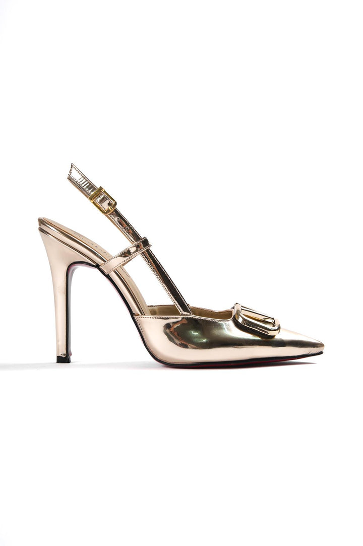 DSM Zafiri Stiletto Gold Patent Leather High Heel Women's Shoes - Argyroúpoli