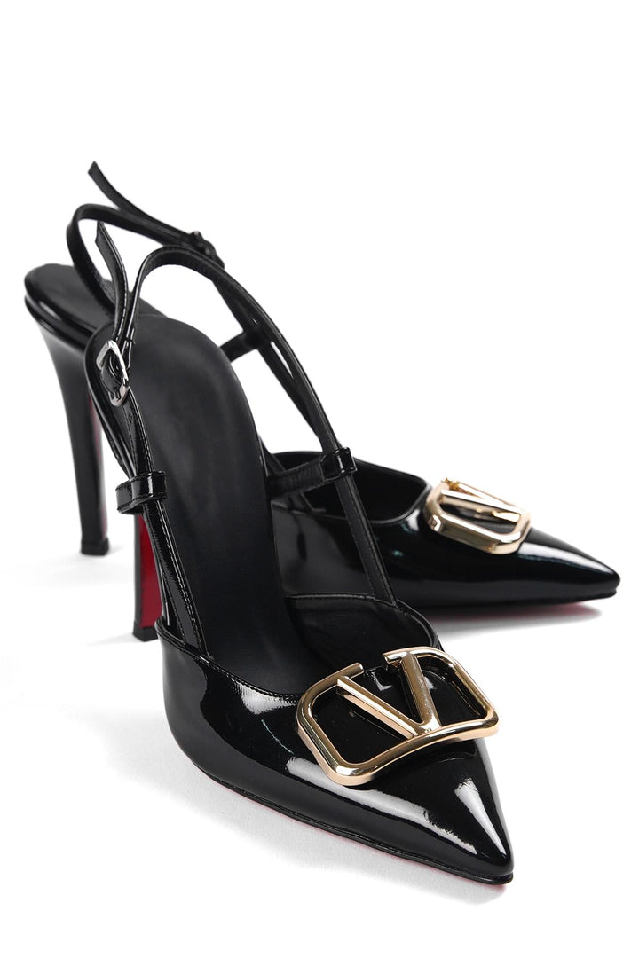 DSM Zafiri Stiletto Black Patent Leather V Buckle High Heel Women's Shoes - Arad