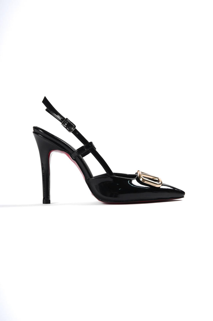 DSM Zafiri Stiletto Black Patent Leather V Buckle High Heel Women's Shoes - Arad