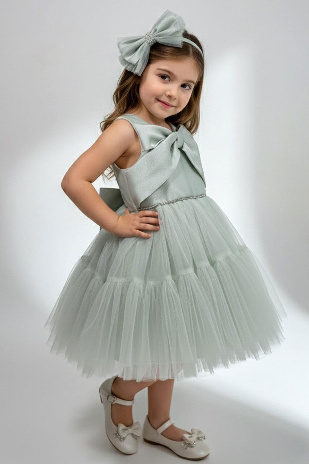 BRE Monita Girl Child Formal Dress with Bow Detail Back Embellished Waistband Crowned 1-5 Years, Aqua Green - Freital