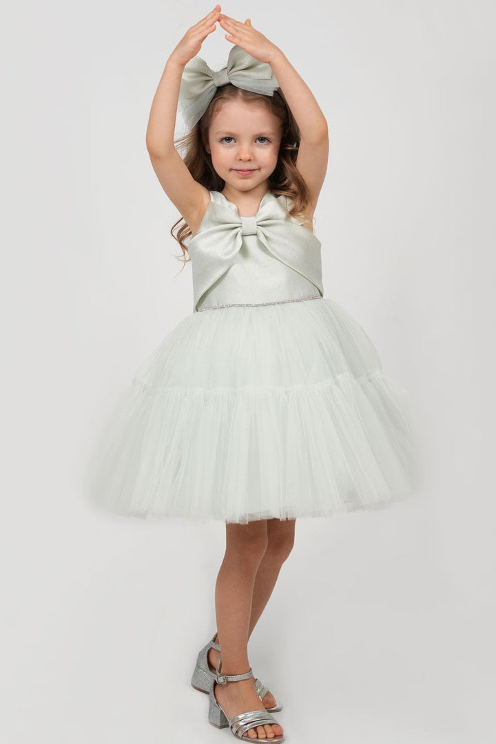 BRE Monita Girl Child Formal Dress with Bow Detail Back Embellished Waistband Crowned 1-5 Years, Aqua Green - Freital