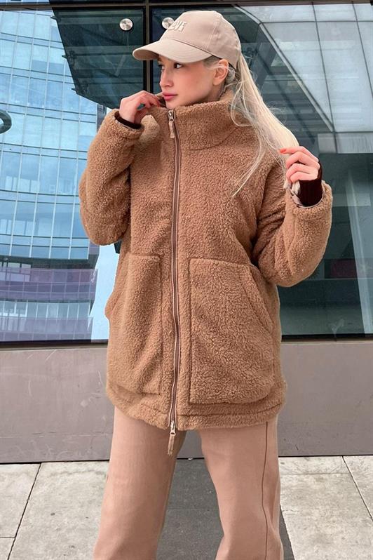 MDX Beige Oversize Zippered Polar Women's Coat MG2607 - Siena