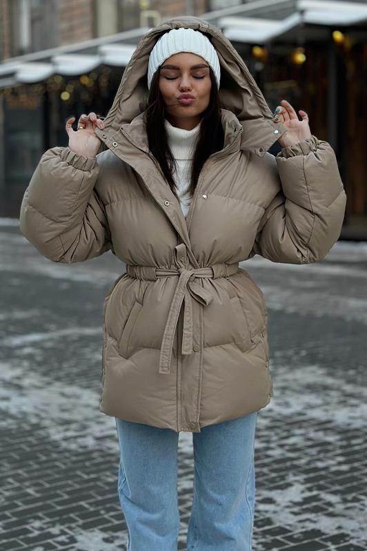 MDX Beige Hooded Belt Detailed Puffer Coat MG2179 - Tampico