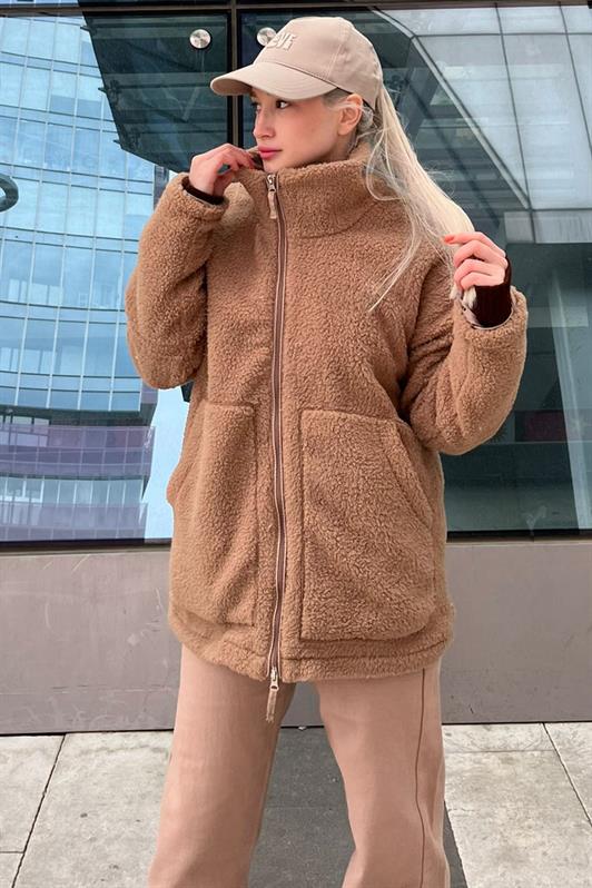 MDX Beige High Neck Pocket Plush Coat MG1948 - Breda