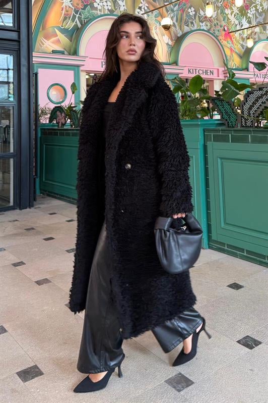 MDX Black Buttoned Plush Long Coat Mg2516 - Danville
