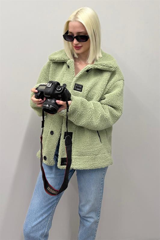 MDX Green Plush Coat with Leather Details for Women Mg2485 - Backnang