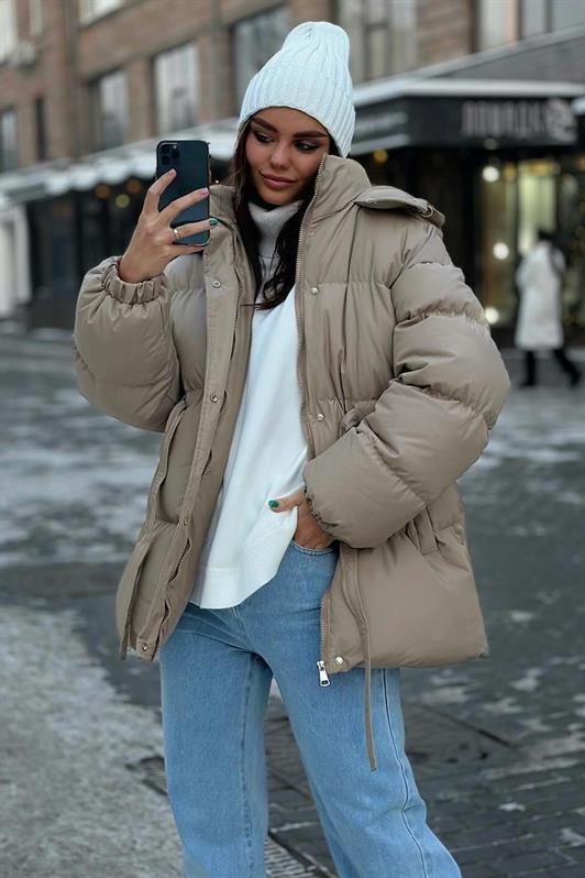 MDX Beige Hooded Belt Detailed Puffer Coat MG2179 - Tampico
