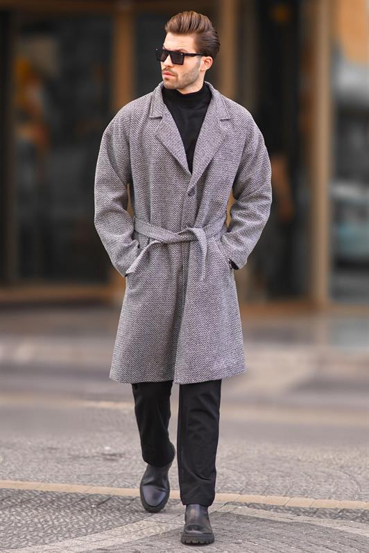 MDX Gray Double Breasted Collar Patterned Coat 7250 - Mascouche