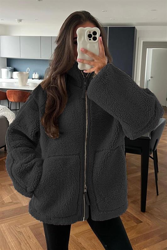 MDX Smoke Gray High Neck Pocket Plush Coat MG1966 - La Orotava