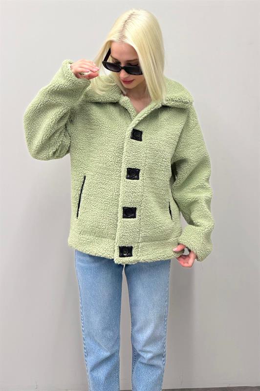 MDX Green Plush Coat with Leather Details for Women Mg2485 - Backnang