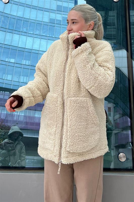 MDX Ecru High Neck Pocket Plush Coat MG1948 - Winter Haven