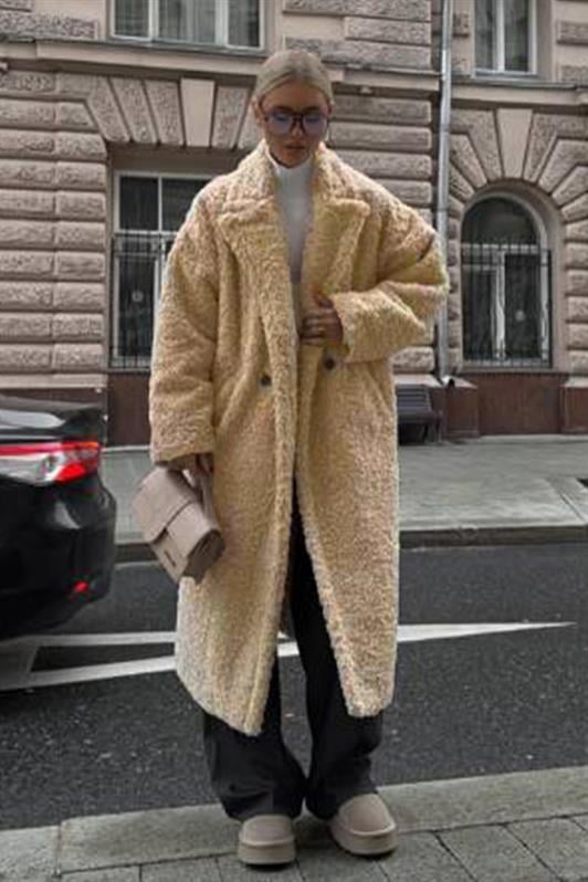 MDX Beige Buttoned Plush Long Coat Mg2516 - Rho
