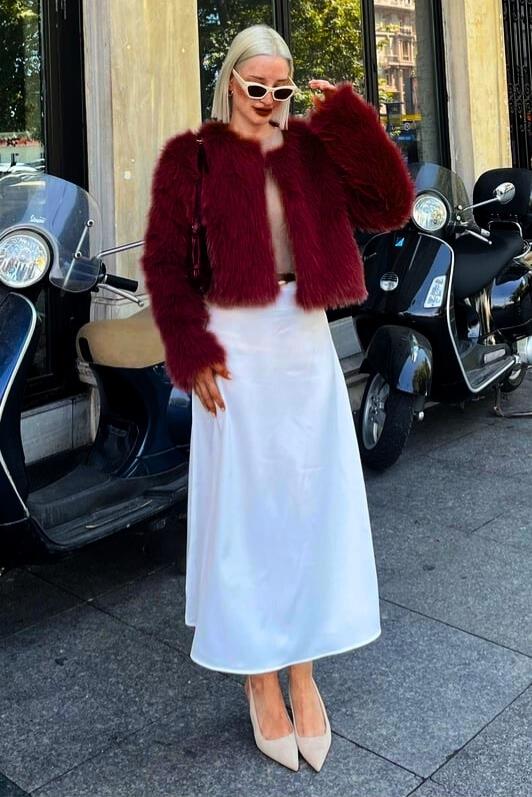MDX Burgundy Bicycle Collar Women's Faux Fur Coat MG2176 - Lysychansk
