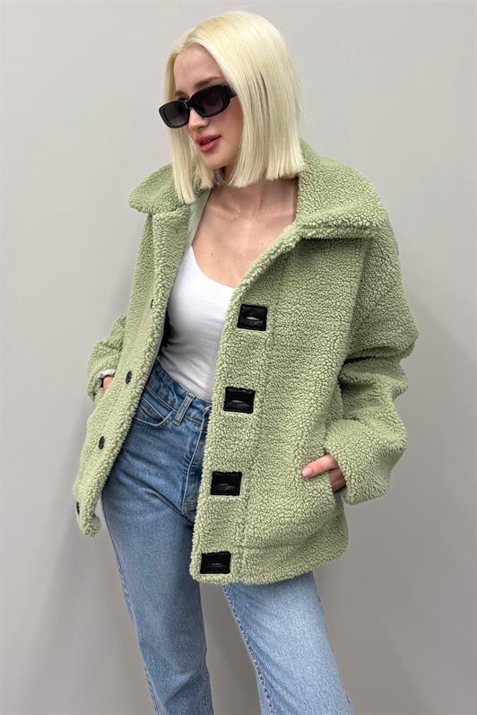 MDX Green Plush Coat with Leather Details for Women Mg2485 - Backnang