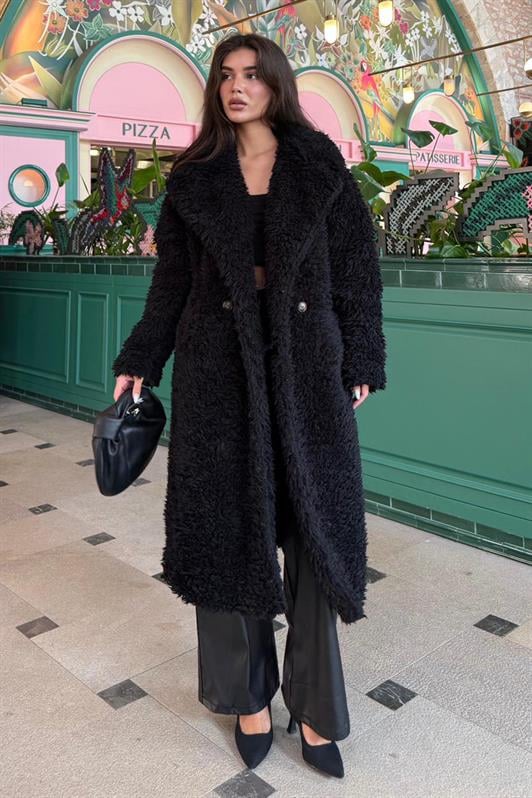 MDX Black Buttoned Plush Long Coat Mg2516 - Danville