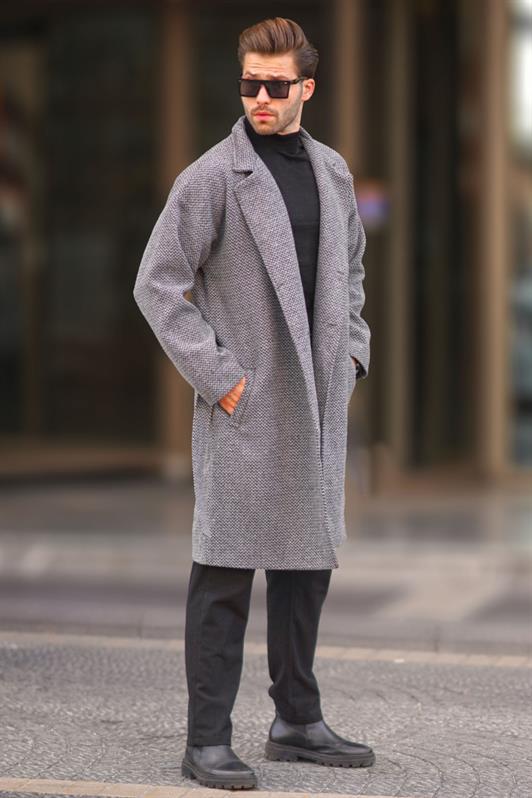 MDX Gray Double Breasted Collar Patterned Coat 7250 - Mascouche