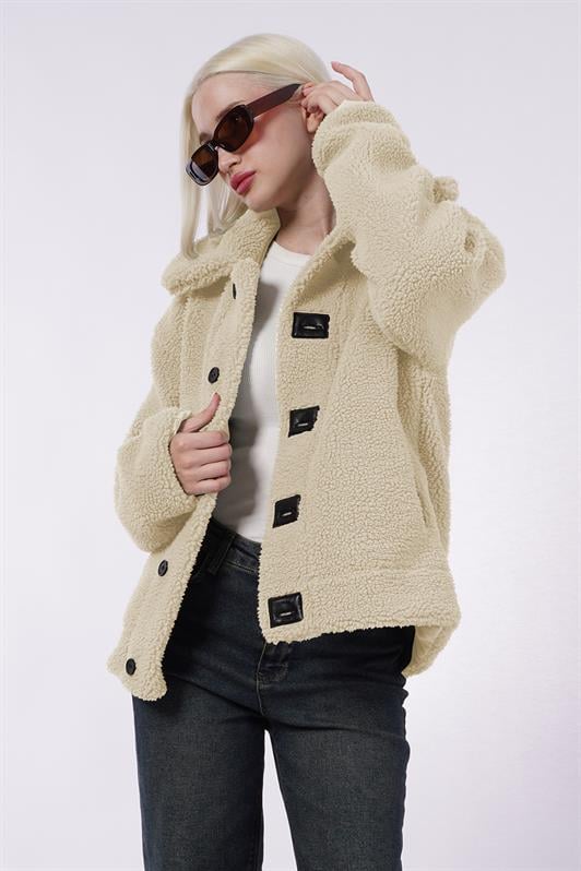 MDX Beige Leather Detailed Women's Plush Coat Mg2485 - Taxco de Alarcón