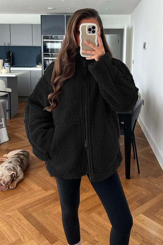 MDX Black Faux Fur Jacket with Stand-up Collar and Pockets MG1966 - Catonsville