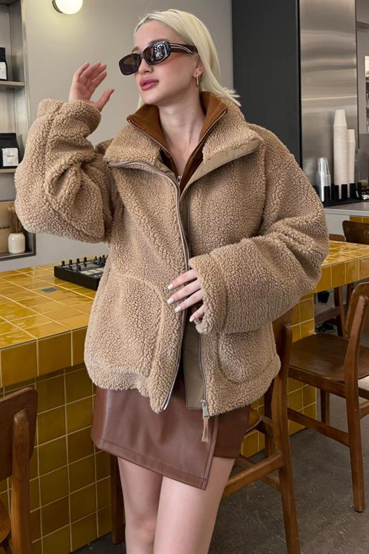 MDX Sütlü Kahve Cepli Kadın Peluş Mont Mg2530 - Seaside