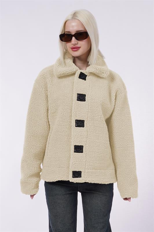 MDX Beige Leather Detailed Women's Plush Coat Mg2485 - Taxco de Alarcón