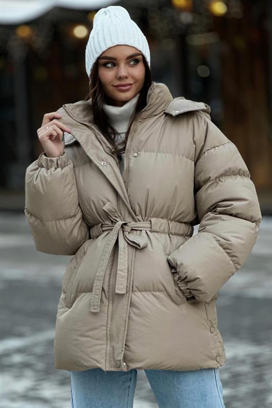 MDX Beige Hooded Belt Detailed Puffer Coat MG2179 - Tampico