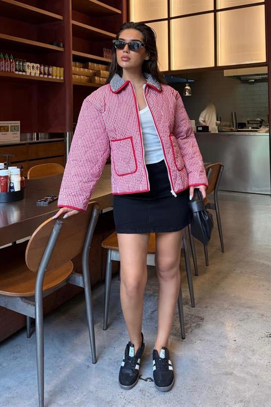 MDX Red Checkered Pocketed Women's Coat Mg2488 - Roubaix