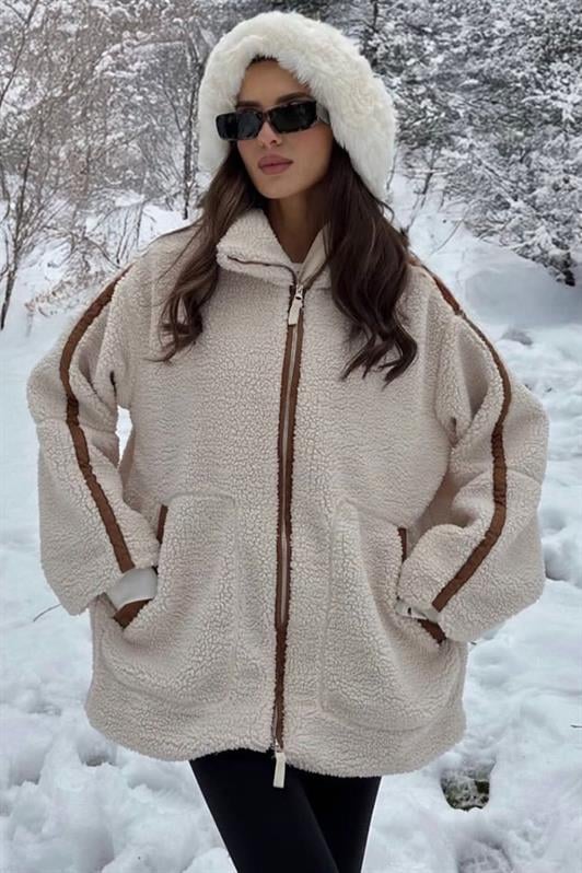 MDX Beige Striped Detailed High Neck Women's Plush Coat MG2260 - Oakland
