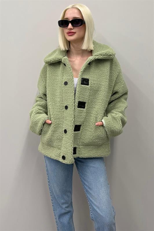 MDX Green Plush Coat with Leather Details for Women Mg2485 - Backnang