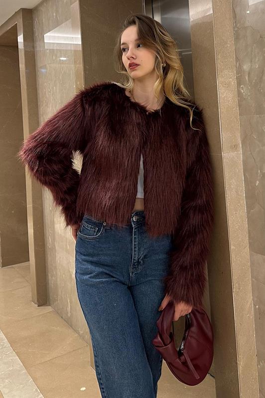 MDX Burgundy Bicycle Collar Women's Faux Fur Coat MG2176 - Lysychansk