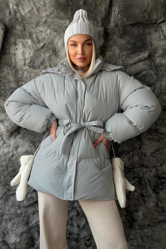 MDX Padded Gray Hooded Belted Puffer Coat MG2179 - Baltimore