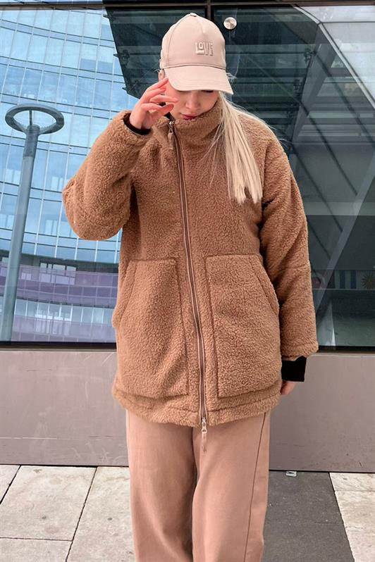 MDX Beige High Neck Pocket Plush Coat MG1948 - Breda
