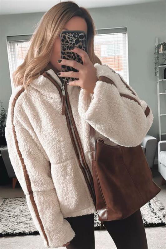 MDX Beige Striped Detailed High Neck Women's Plush Coat MG2260 - Oakland