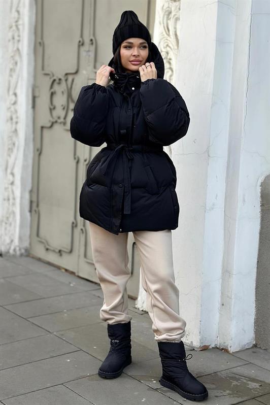 MDX Black Hooded Belted Detailed Puffer Coat MG2179 - Penafiel