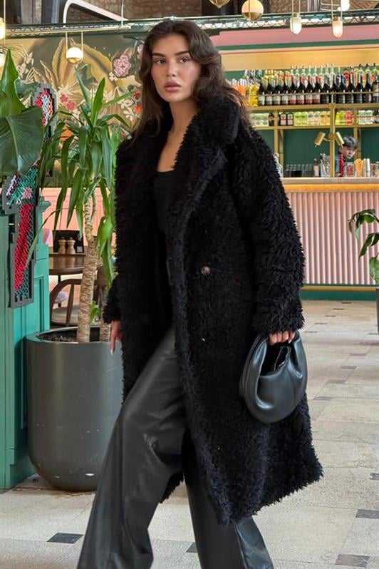 MDX Black Buttoned Plush Long Coat Mg2516 - Danville