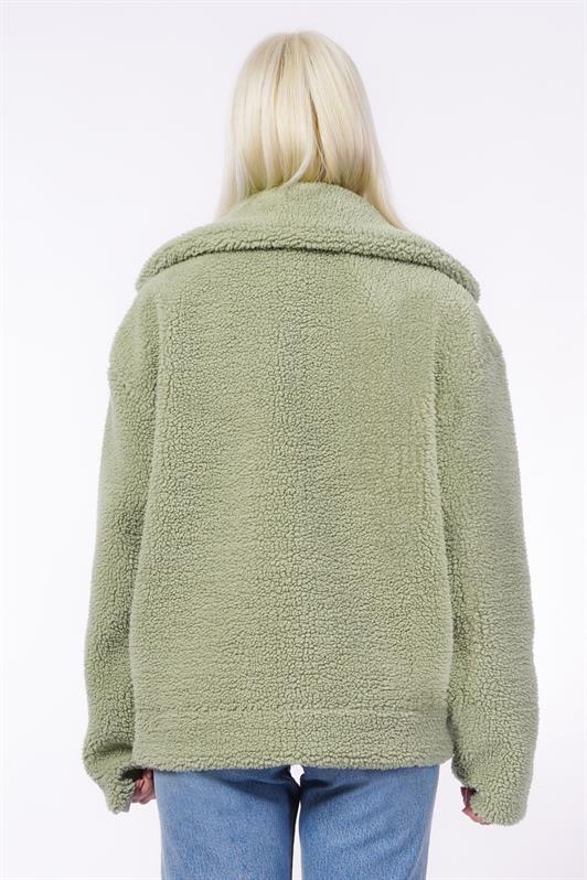 MDX Green Plush Coat with Leather Details for Women Mg2485 - Backnang