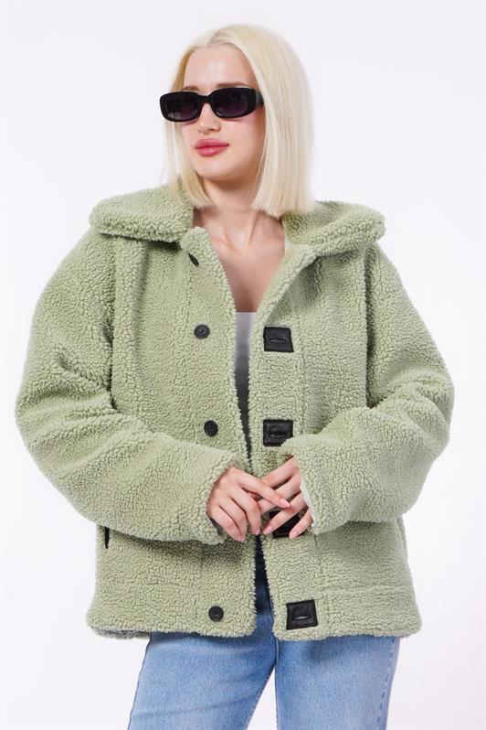 MDX Green Plush Coat with Leather Details for Women Mg2485 - Backnang