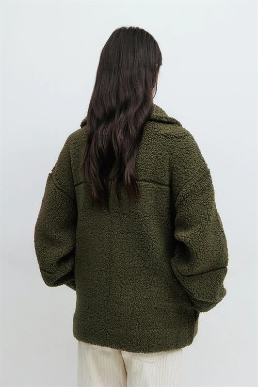 MDX Haki Çift Fermuarlı Kadın Peluş Mont MG2556 - Richmond