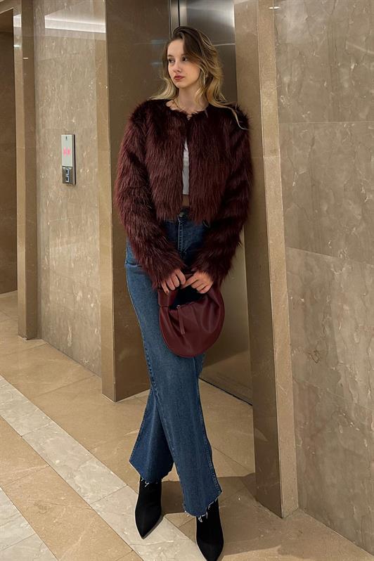 MDX Burgundy Bicycle Collar Women's Faux Fur Coat MG2176 - Lysychansk