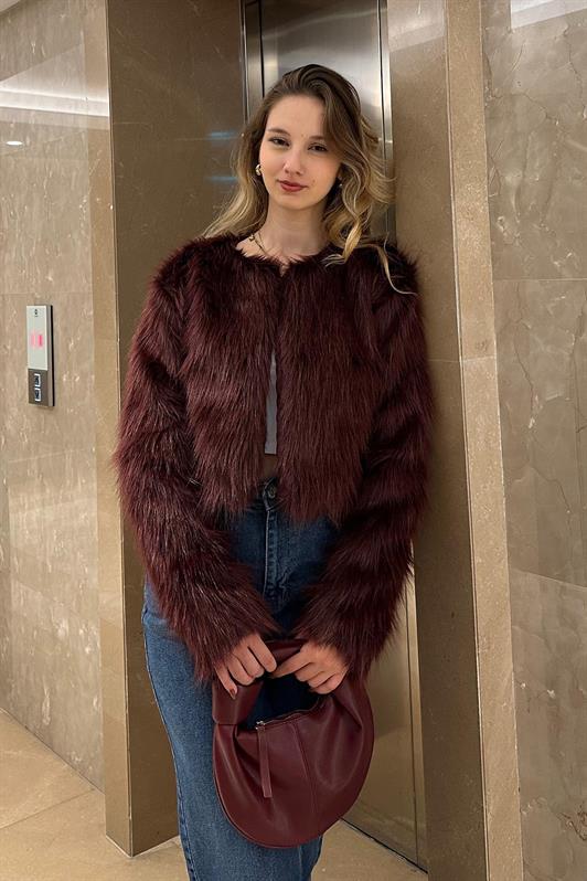 MDX Burgundy Bicycle Collar Women's Faux Fur Coat MG2176 - Lysychansk