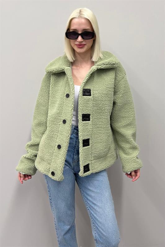 MDX Green Plush Coat with Leather Details for Women Mg2485 - Backnang