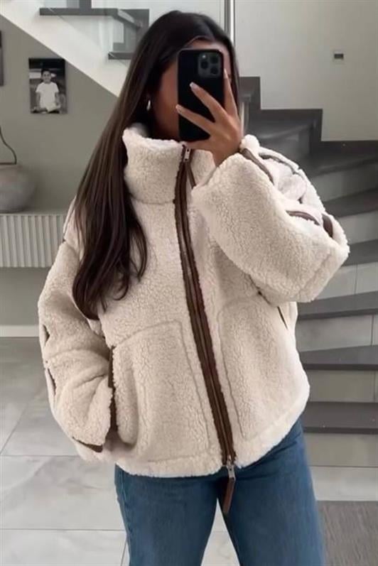 MDX Beige Striped Detailed High Neck Women's Plush Coat MG2260 - Oakland