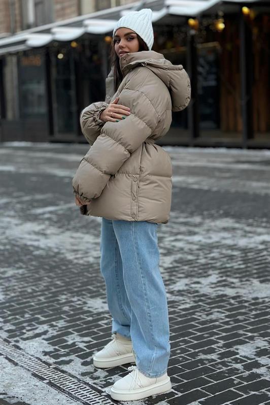 MDX Beige Hooded Belt Detailed Puffer Coat MG2179 - Tampico