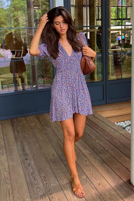 MDX Purple Flower Patterned Watermelon Sleeve Mini Dress MG1716 - Zákynthos