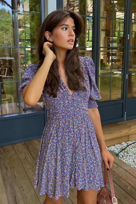 MDX Purple Flower Patterned Watermelon Sleeve Mini Dress MG1716 - Zákynthos
