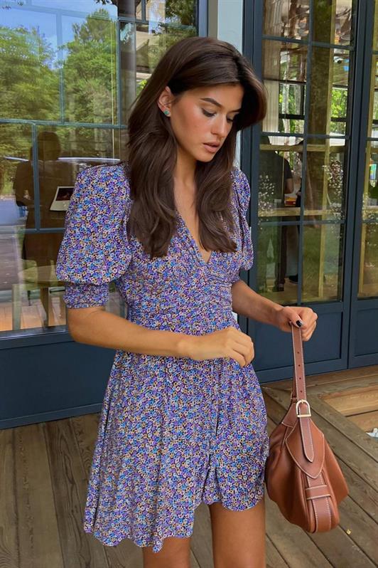 MDX Purple Flower Patterned Watermelon Sleeve Mini Dress MG1716 - Zákynthos