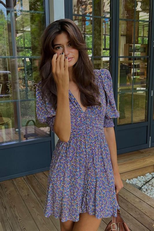 MDX Purple Flower Patterned Watermelon Sleeve Mini Dress MG1716 - Zákynthos