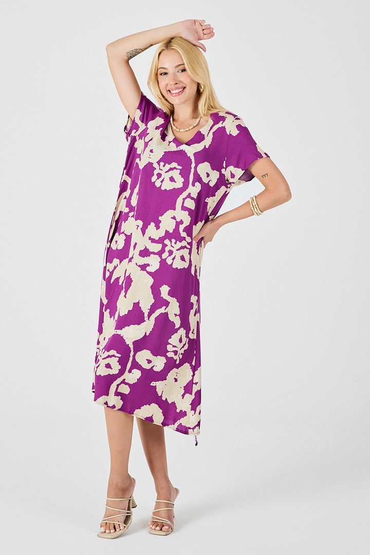 Purple Deep V-Neck Slit Patterned Midi Dress BCVL-254012 - Kirkland