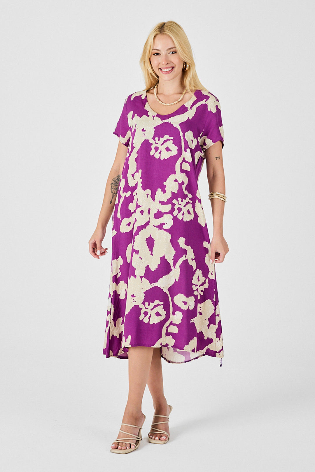 Purple Deep V-Neck Slit Patterned Midi Dress BCVL-254012 - Kirkland