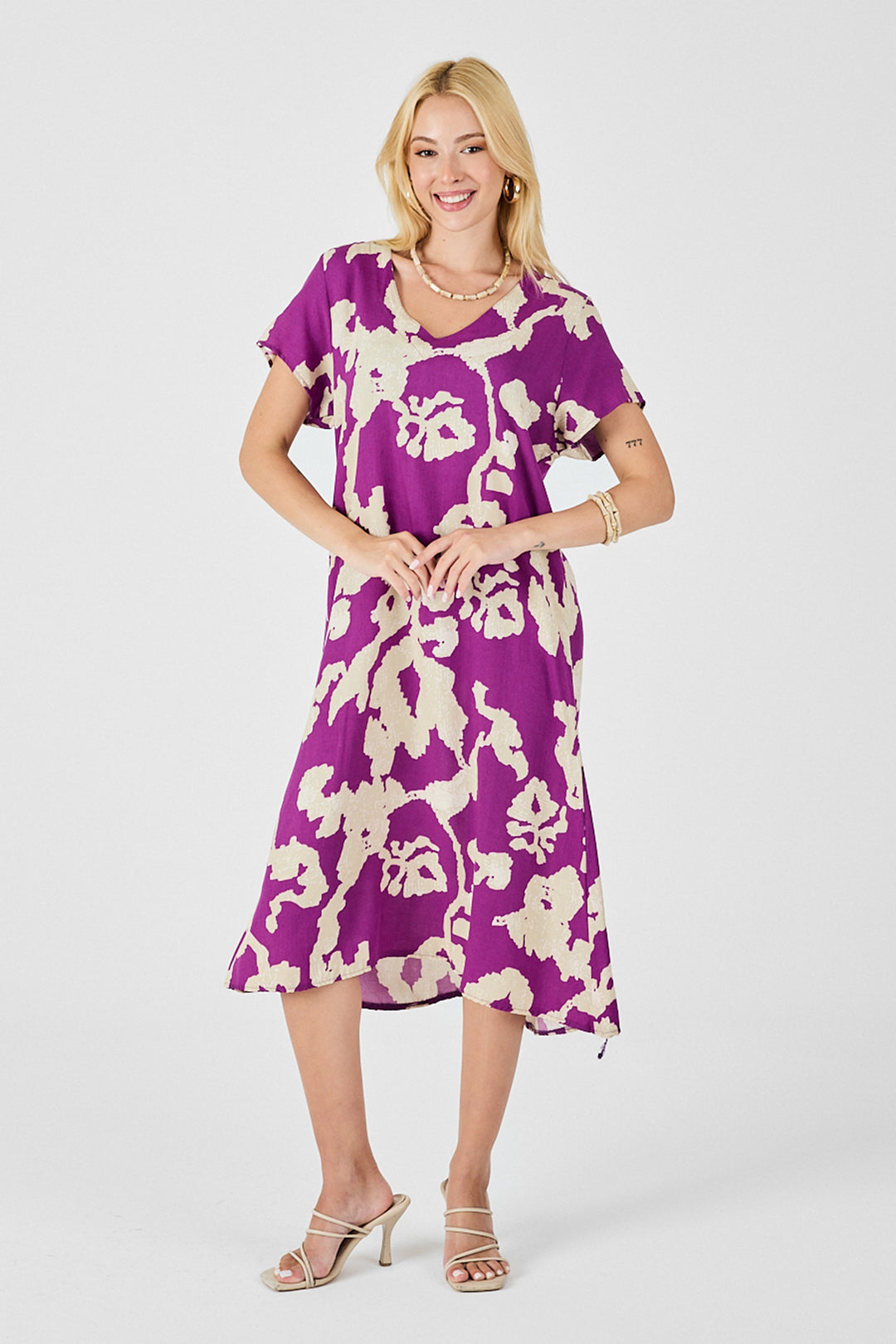 Purple Deep V-Neck Slit Patterned Midi Dress BCVL-254012 - Kirkland